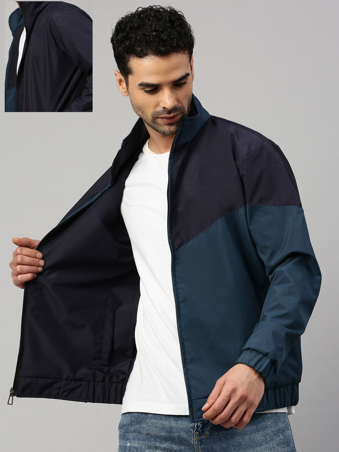 

VOXATI Men Colourblocked Bomber with Embroidered Jacket, Teal