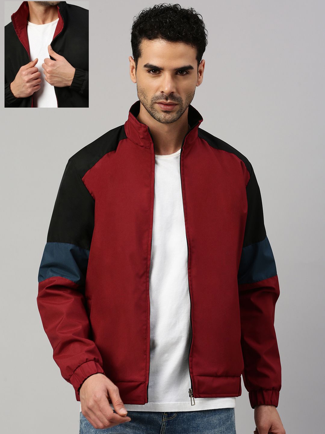 

VOXATI Men Crop Sporty Reversible Jacket, Maroon