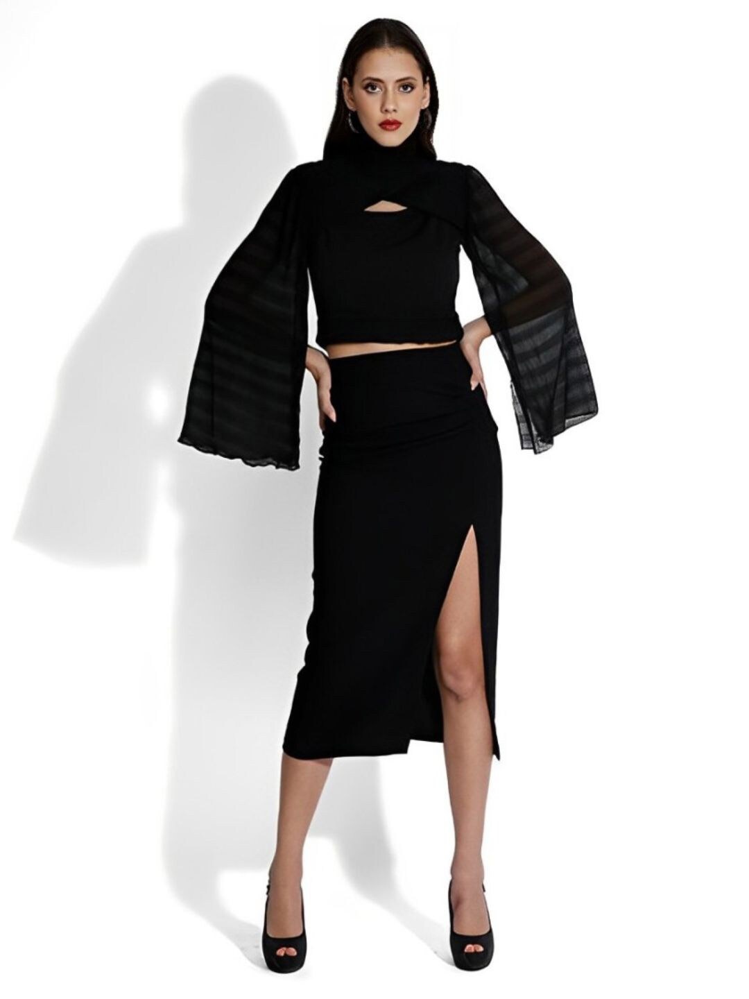 

SAMMYUKK Women Detachable Cape Flared Sleeves Crop Top, Black