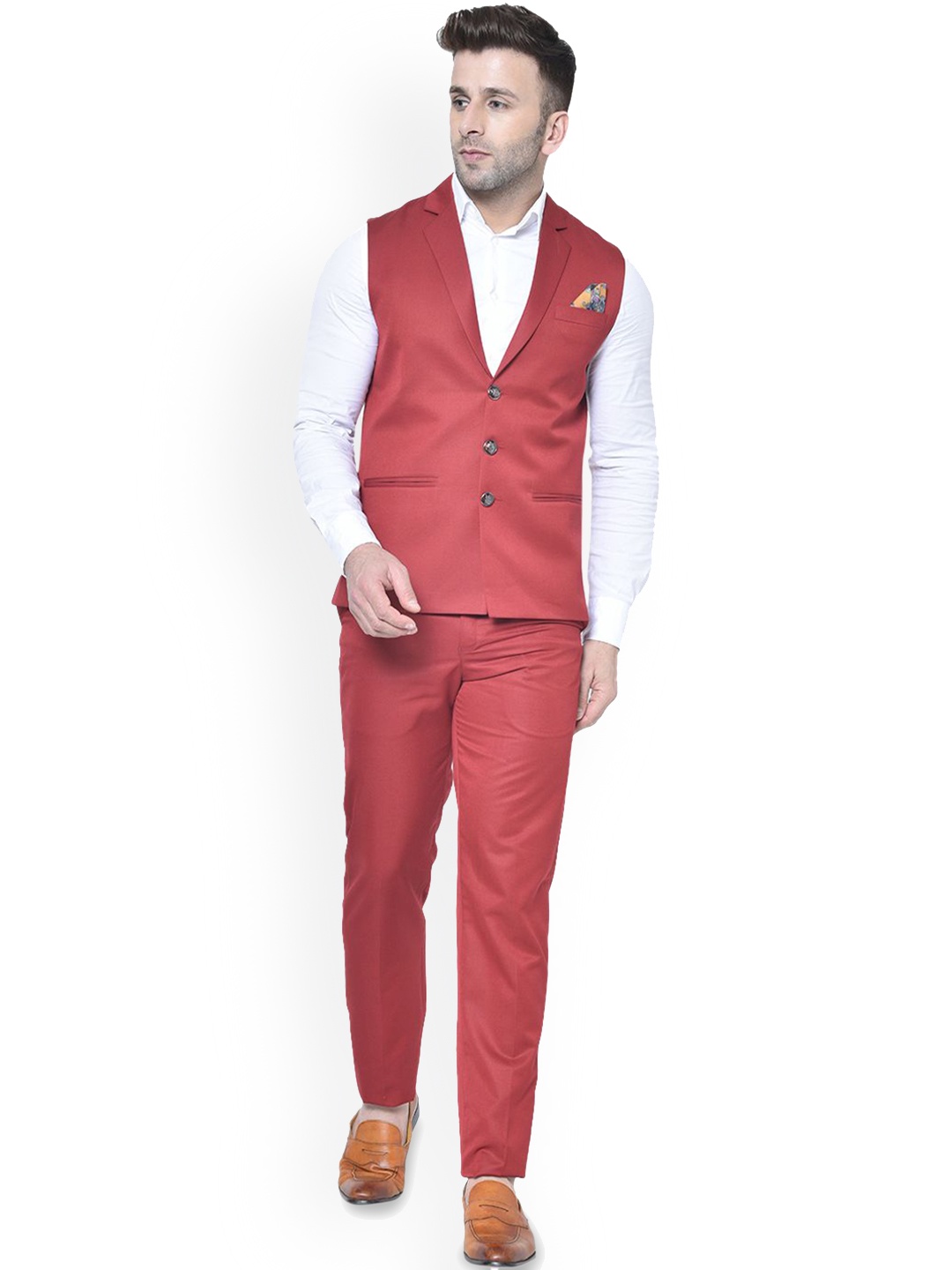 

REFULGENT Men Slim-Fit Single-Breasted Two-Piece Party Suit, Maroon