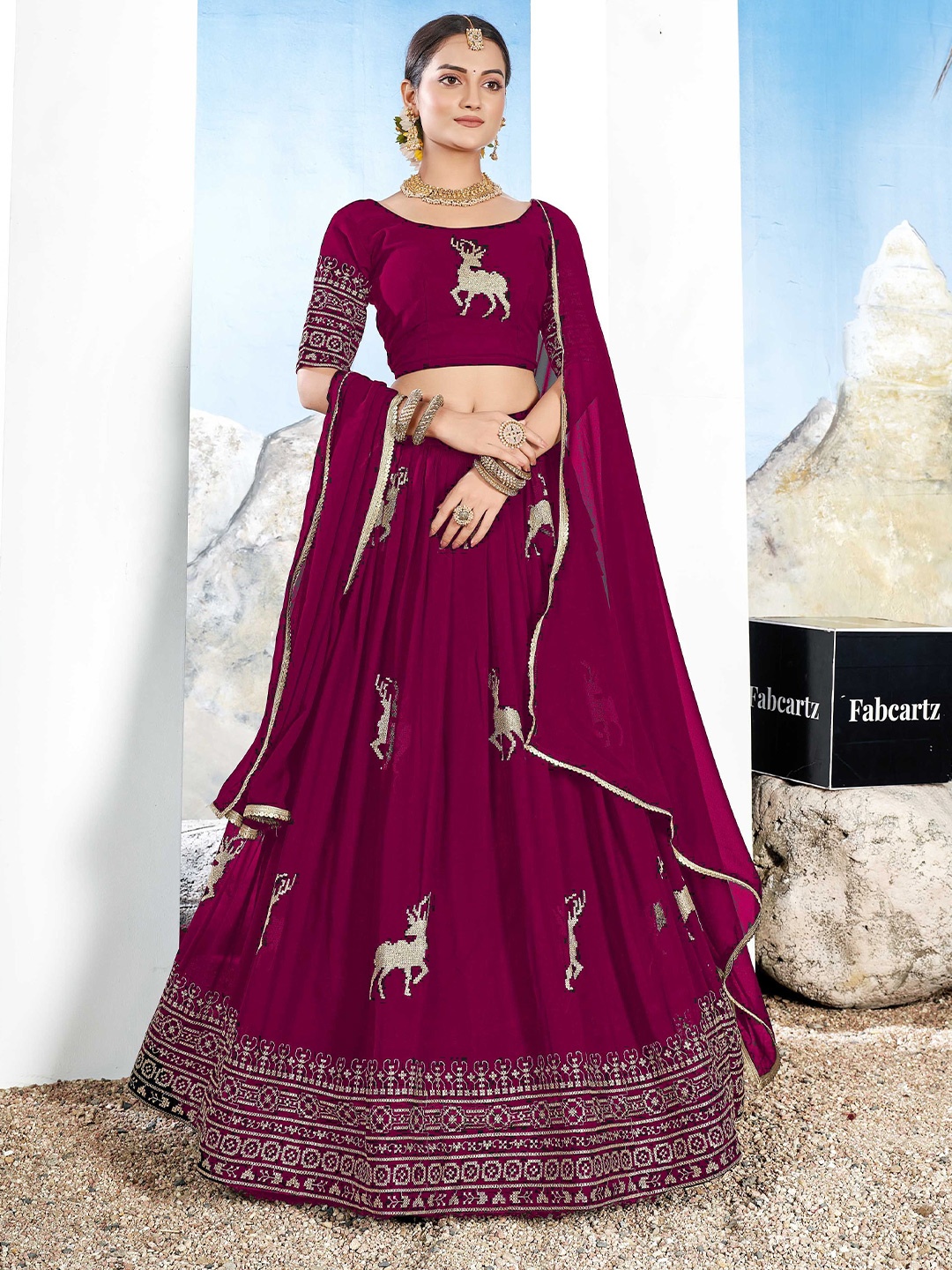 

Fabcartz Pure Georgette Sequinned Semi-Stitched Lehenga & Unstitched Blouse & Dupatta, Rose