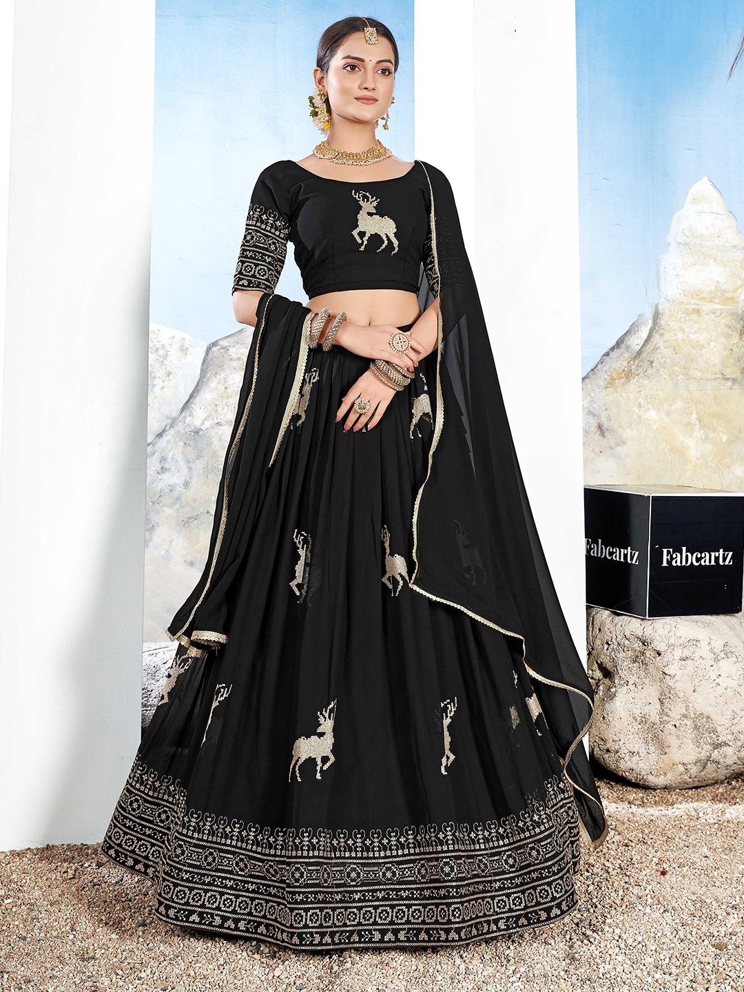 

Fabcartz Pure Georgette Sequinned Semi-Stitched Lehenga & Unstitched Blouse & Dupatta, Black