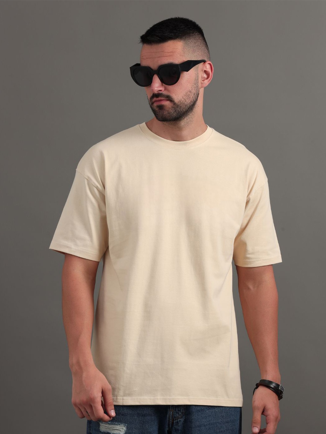 

PAUL STREET Unisex Solid Round Neck Cotton Oversized T-shirt, Cream