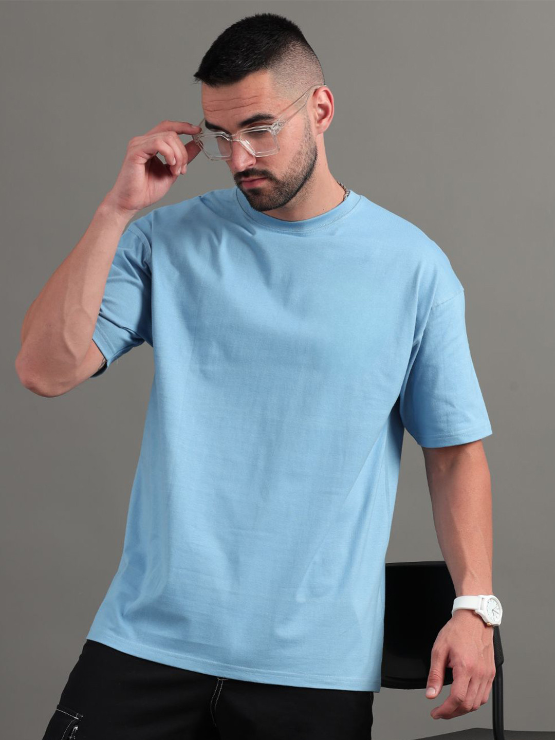 

PAUL STREET Unisex Solid Round Neck Cotton Oversized T-shirt, Blue