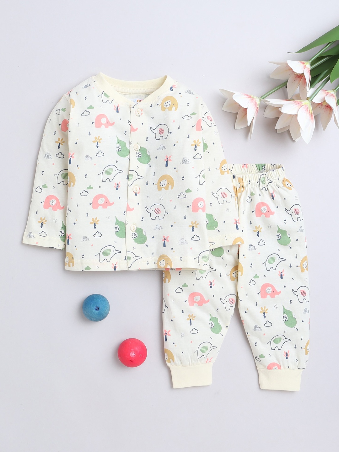 

BUMZEE Girls Conversational Printed Pure Cotton Night suit, Cream