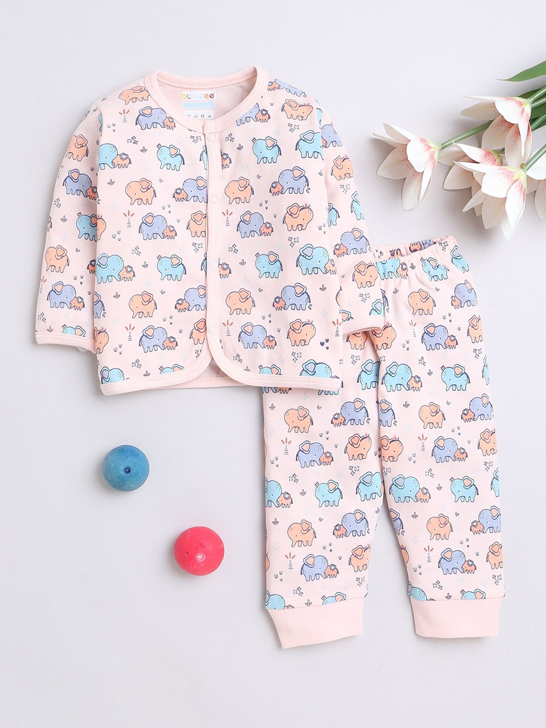 

BUMZEE Girls Conversational Printed Night suit, Peach