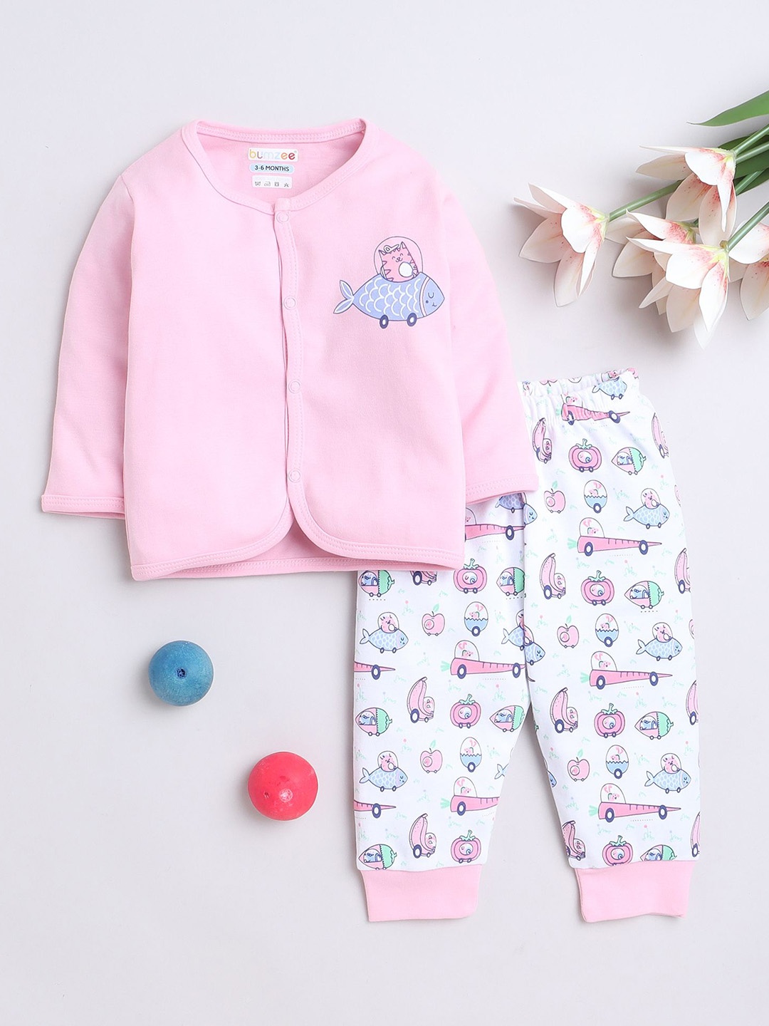 

BUMZEE Girls Conversational Printed Night suit, Pink