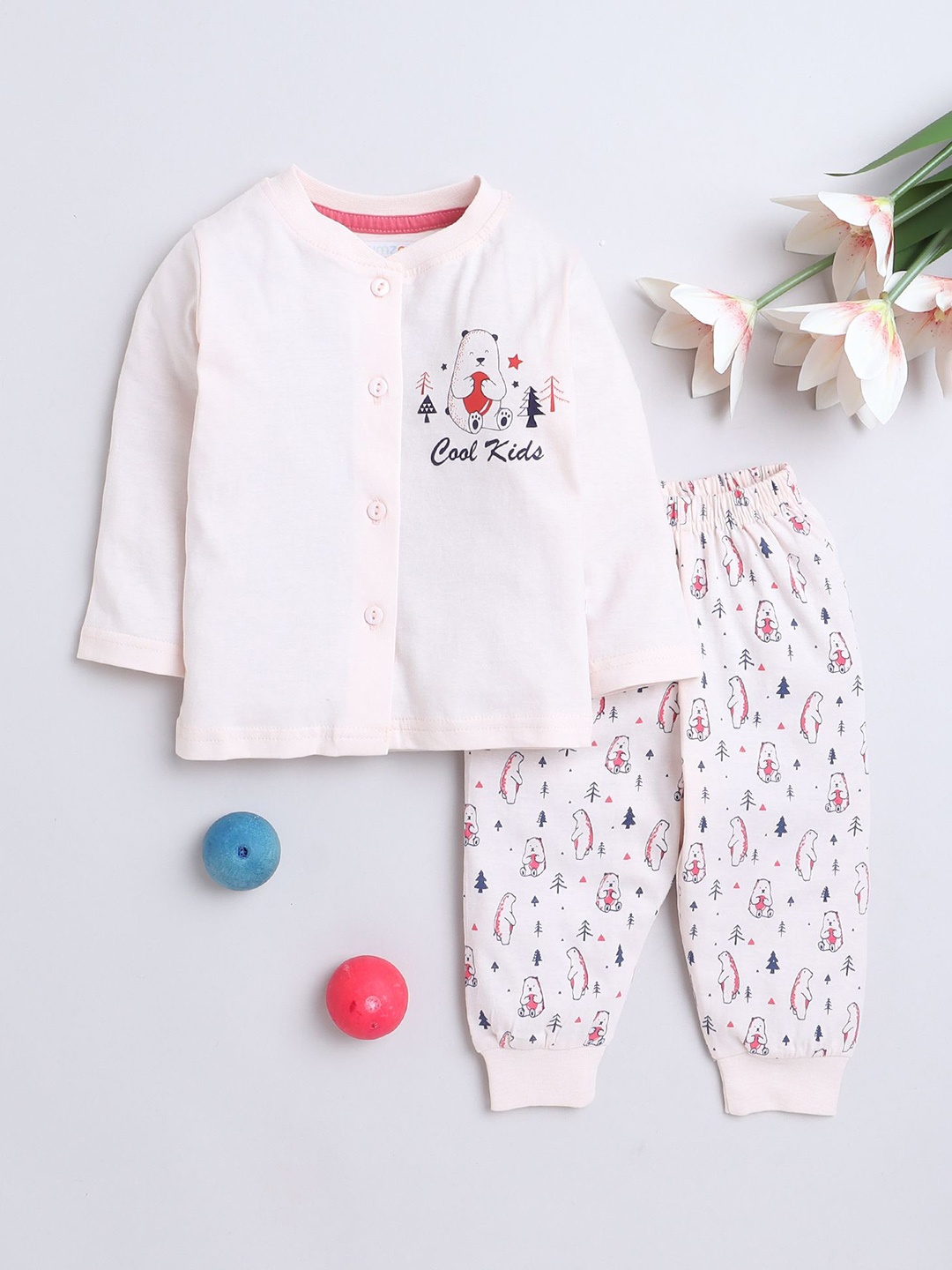 

BUMZEE Boys Conversational Printed Night suit, Peach
