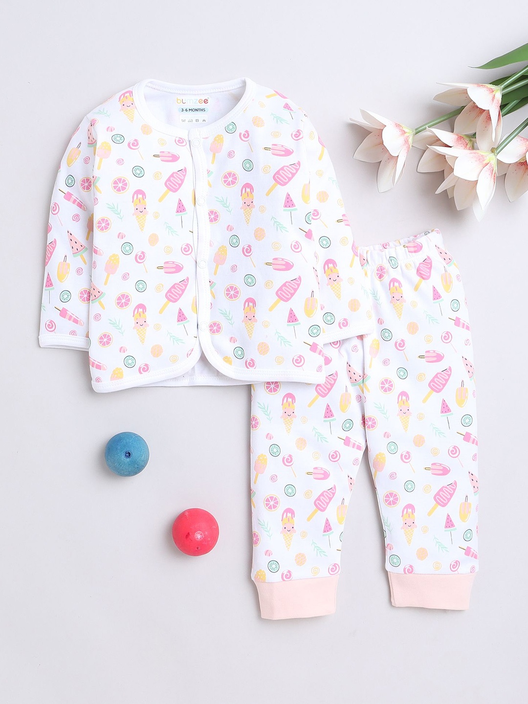 

BUMZEE Girls Conversational Printed Night suit, White
