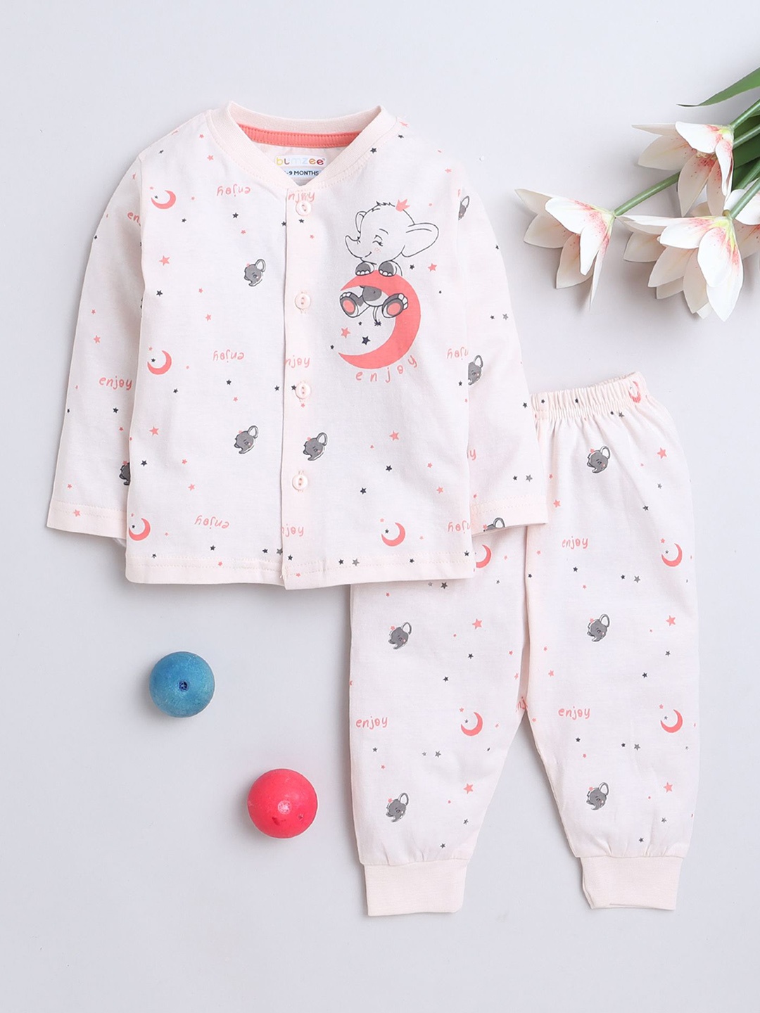 

BUMZEE Girls Conversational Printed Night suit, Peach