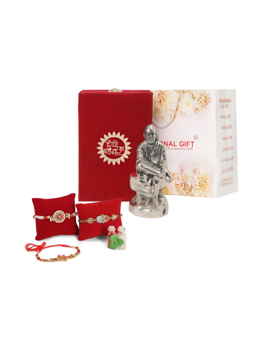 

INTERNATIONAL GIFT Silver-Toned & Red Rakhi Gift Set