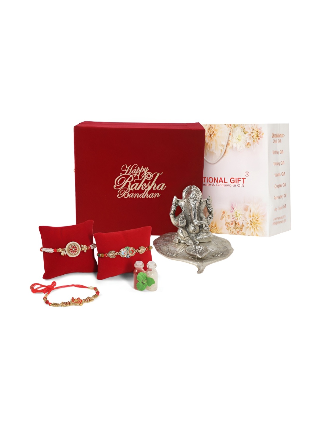 

INTERNATIONAL GIFT Silver-Toned & Red Rakhi Gift Set