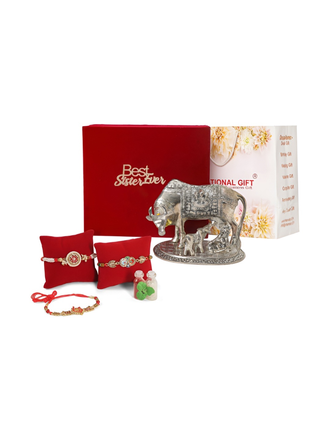 

INTERNATIONAL GIFT Silver-Toned & Red Rakhi Gift Set