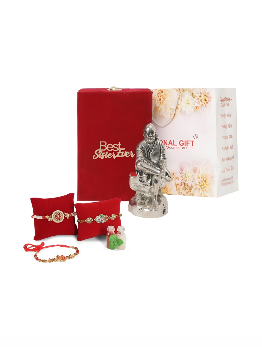 

INTERNATIONAL GIFT Silver-Toned & Red Rakhi Gift Set