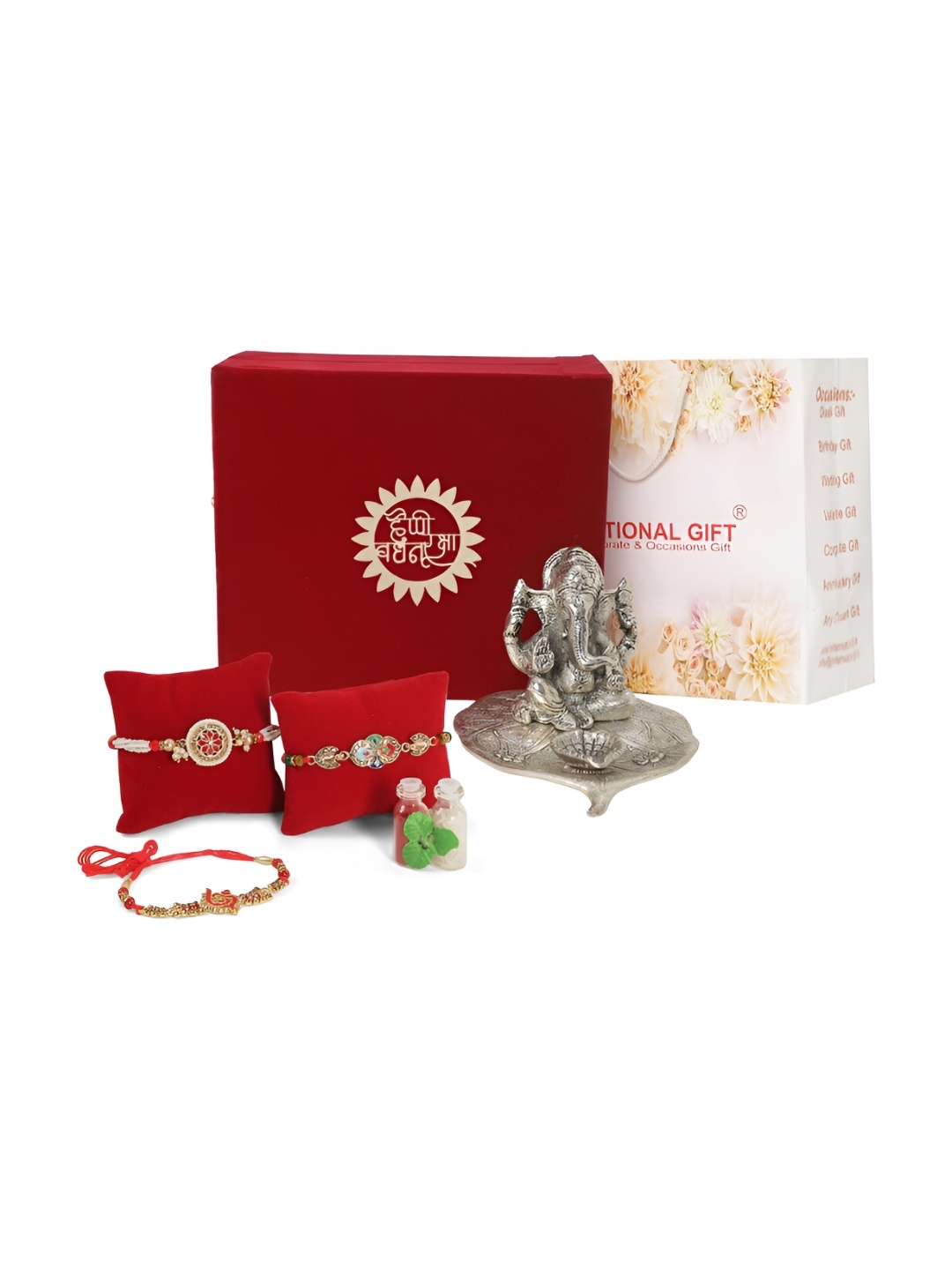 

INTERNATIONAL GIFT Silver-Toned & Red Rakhi Gift Set