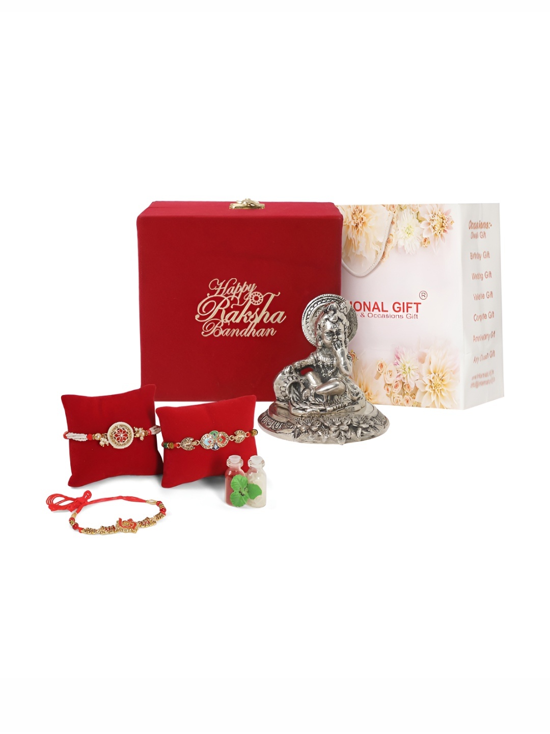 

INTERNATIONAL GIFT Silver-Toned & Red Rakhi Gift Set