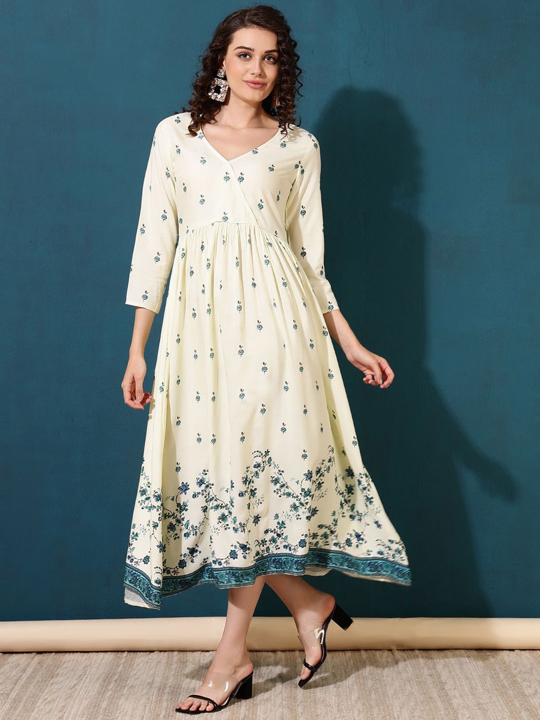 

DAEVISH Floral Printed Fit & Flared A-line Midi Ethnic Dress, Off white