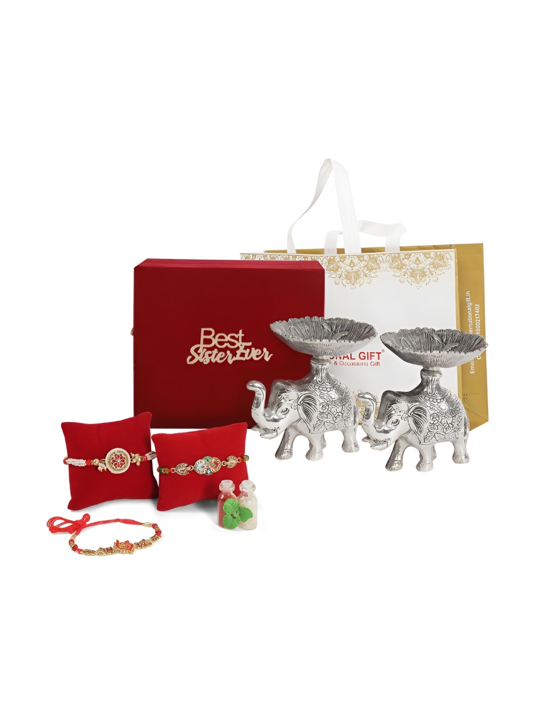 

INTERNATIONAL GIFT Silver-Toned & Red Rakhi Gift Set