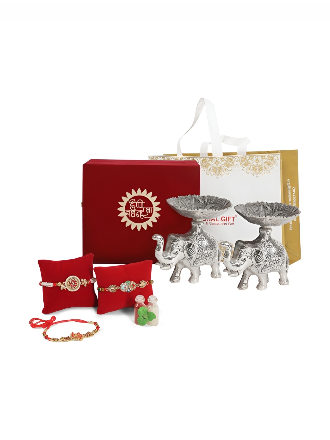 

INTERNATIONAL GIFT Silver-Toned & Red Rakhi Gift Set