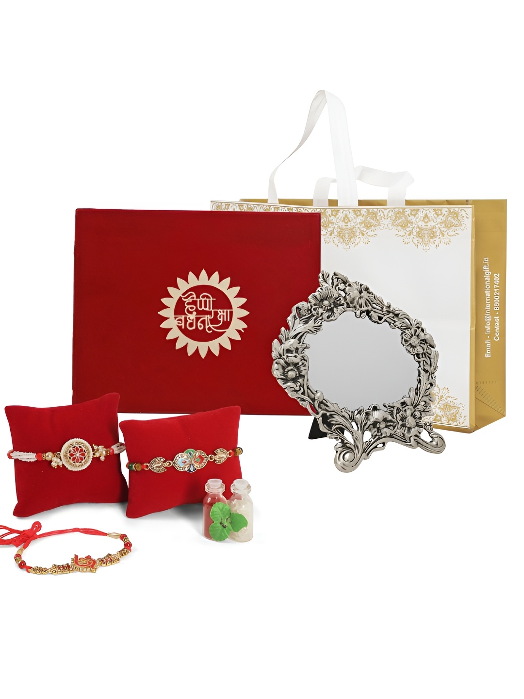 

INTERNATIONAL GIFT Set Of 3 Rakhi Wth Roli Tika Chawal & Silver Photo Frame