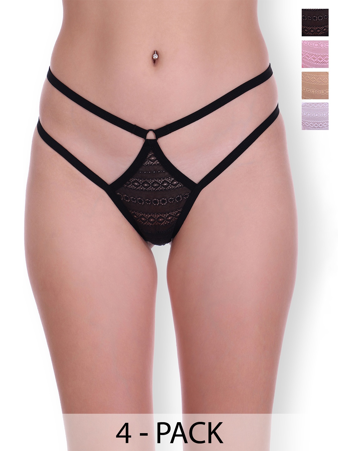 

SELFCARE Women Pack of 4 Net Thong Panties, Pink