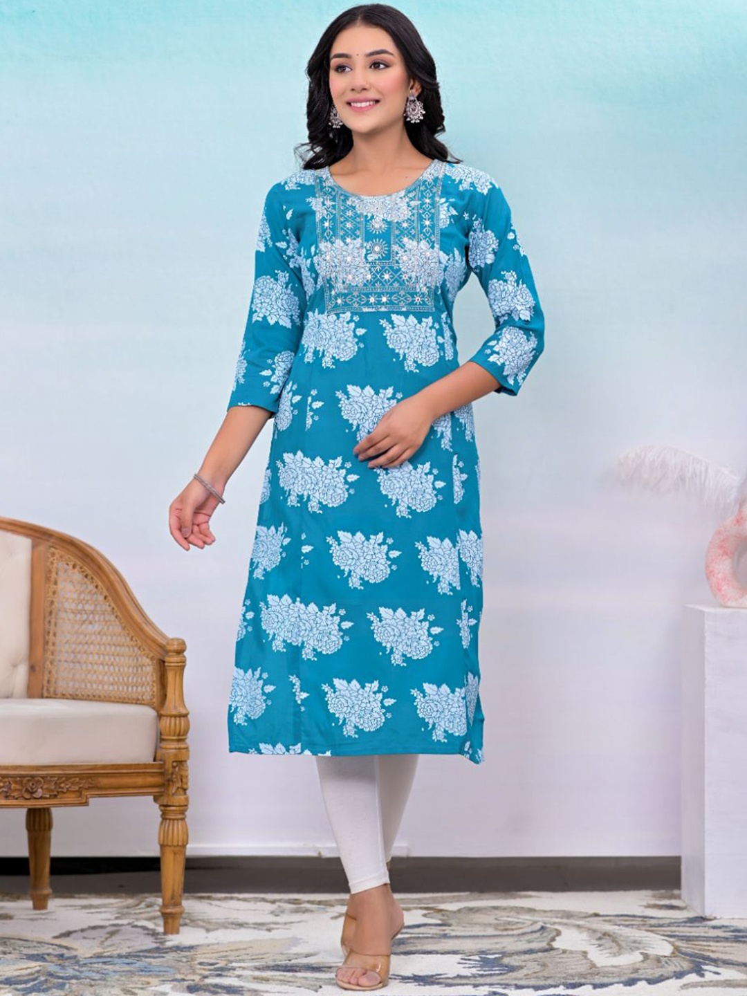 

KALINI Floral Printed Mirror Work Straight Kurta, Blue