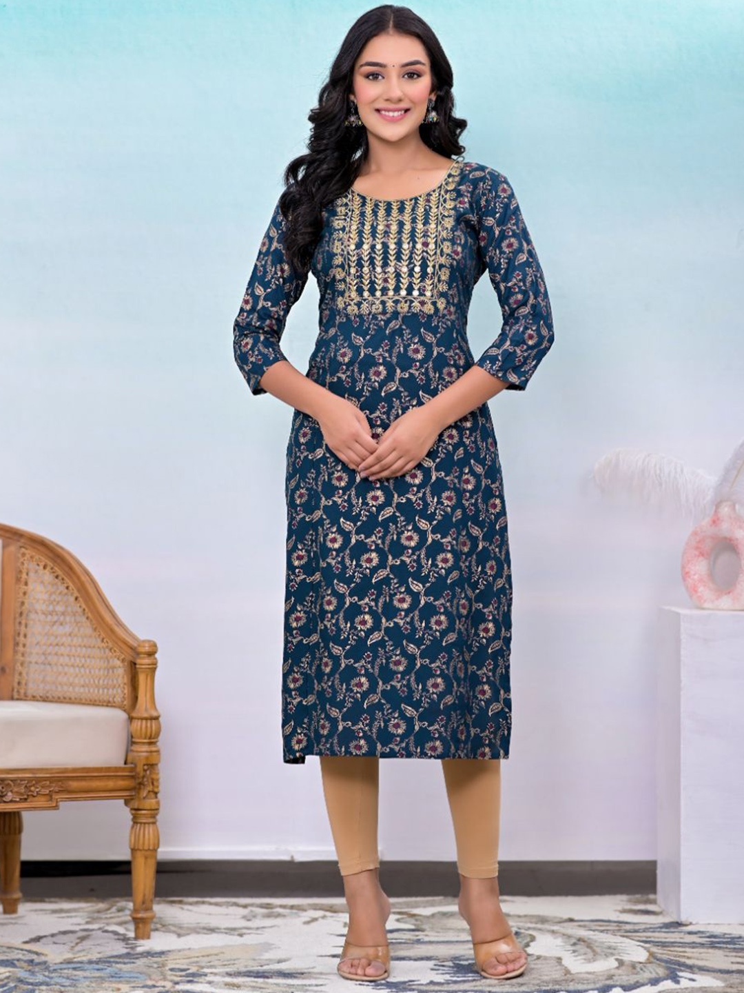 KALINI Floral Printed Round Neck Mirror Work Straight Kurta, Teal