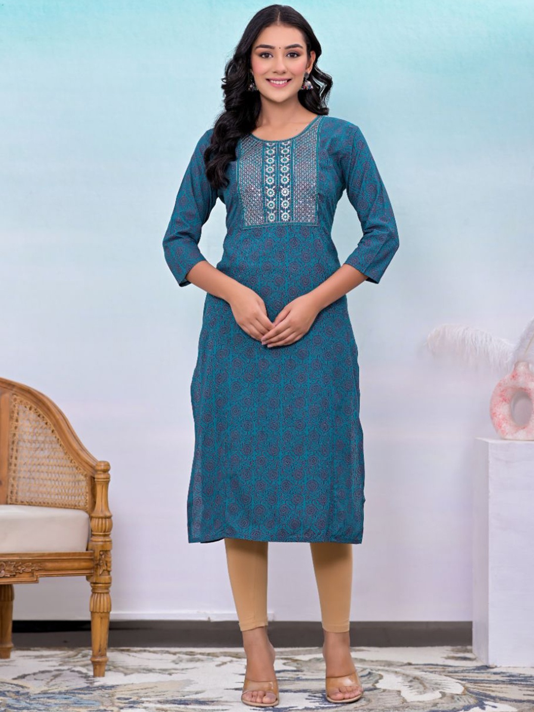

KALINI Ethnic Motifs Printed Embroidered Thread Work Cotton Straight Kurta, Teal