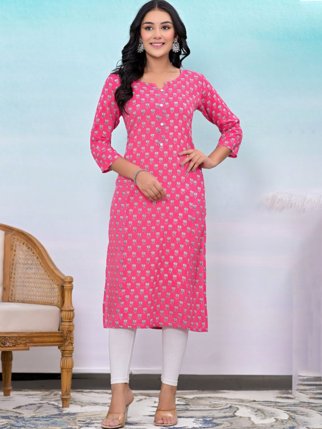 

KALINI Floral Printed Notch Neck Straight Kurta, Pink