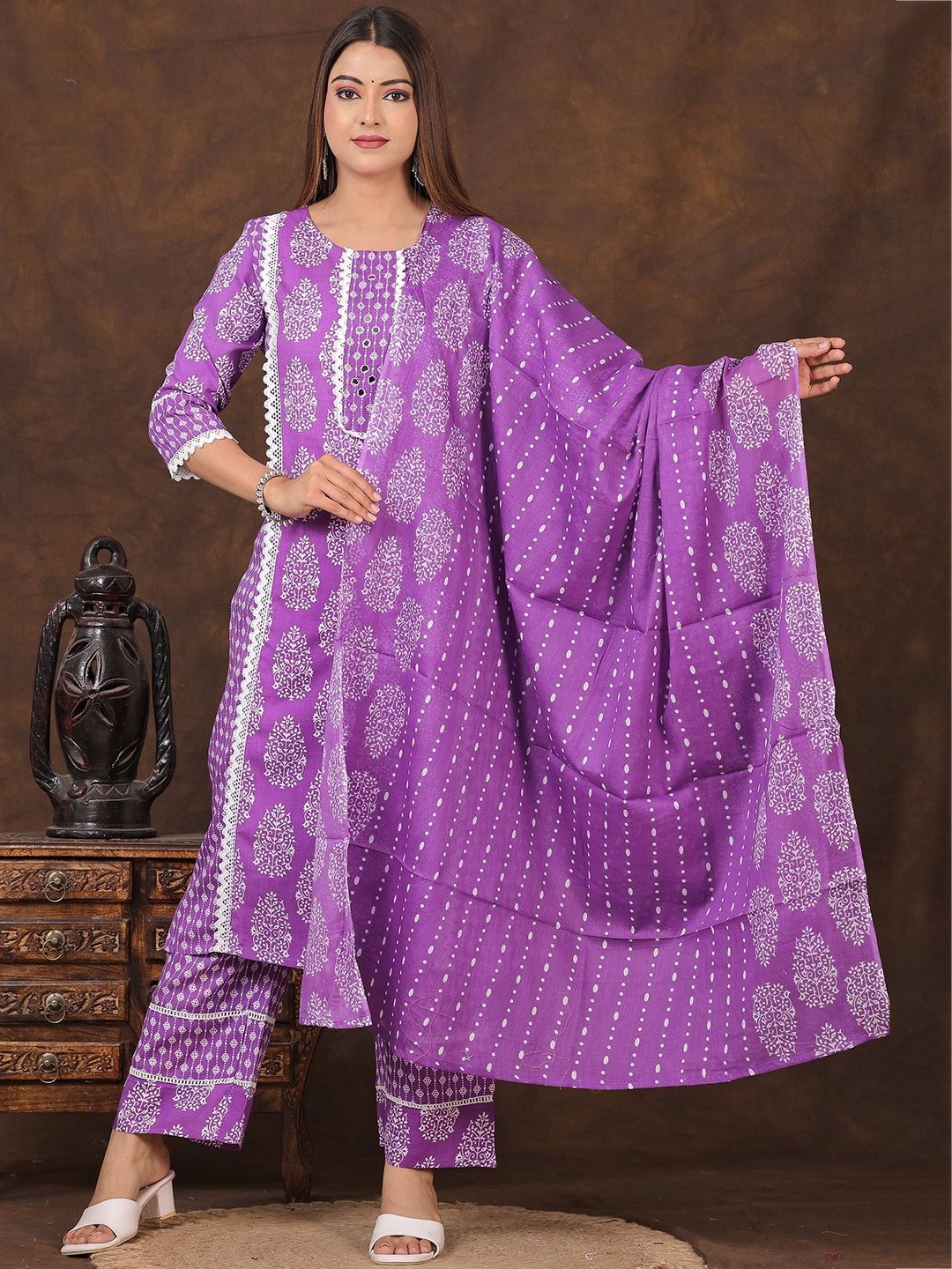 

PARTHVI Floral Printed Round Neck Mirror Work Kurta with Palazzos & Dupatta, Purple