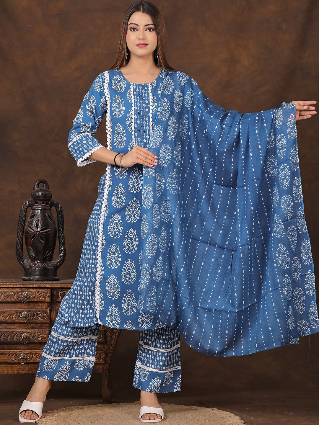

PARTHVI Floral Printed Round Neck Mirror Work Kurta with Palazzos & Dupatta, Teal