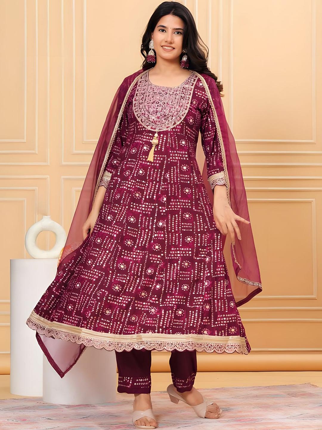 

KALINI Bandhani Printed Thread Work Anarkali Kurta with Trousers & Dupatta, Purple