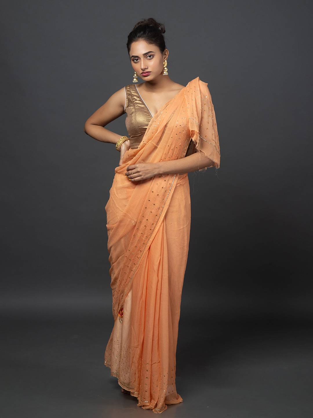 

Urbane Essence Embellished Mirror Work Pure Chiffon Saree, Peach