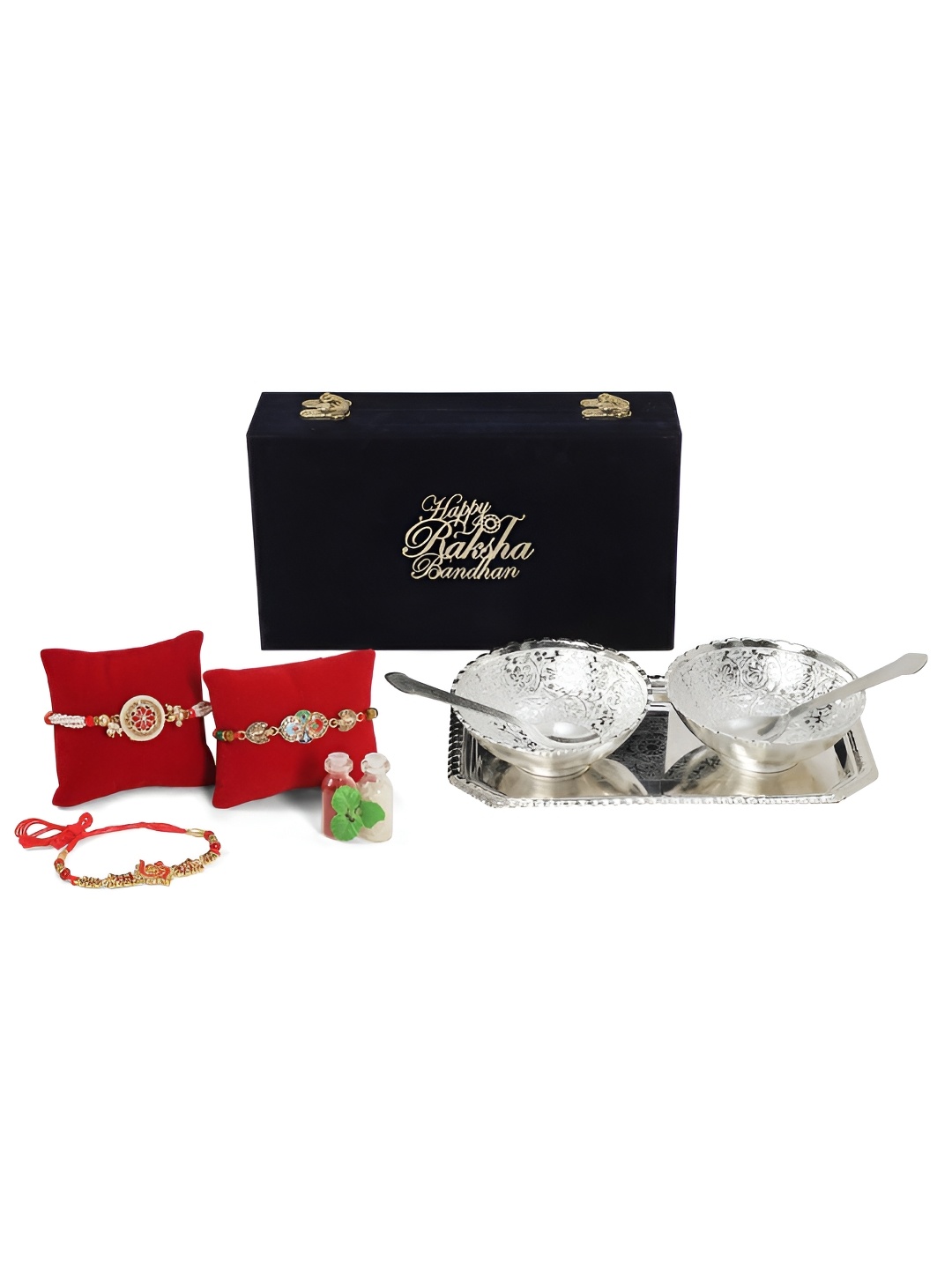 

INTERNATIONAL GIFT Set Of 7 Rakhis With Bowl Set & Roli Chawal, Silver