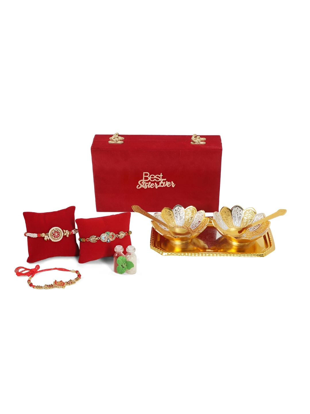 

INTERNATIONAL GIFT Set Of 3 Rakhis & Round Bowl With Roli Tika And Chawal, Gold