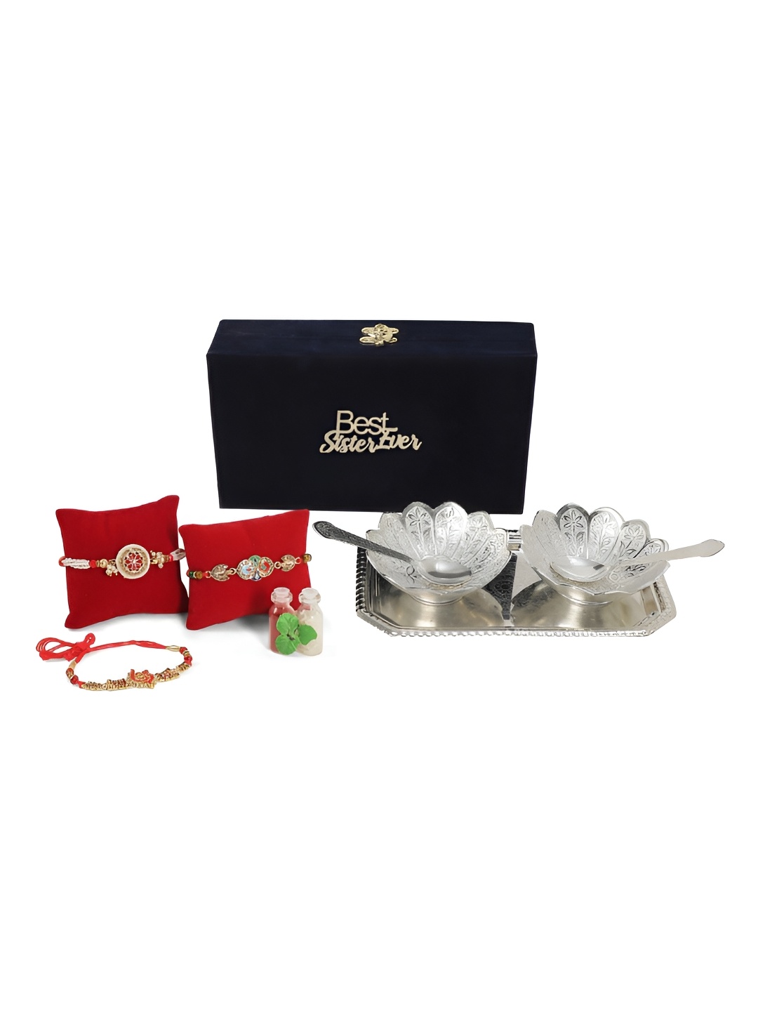 

INTERNATIONAL GIFT Set Of 3 Rakhis & Round Bowl with Roli Tika and Chawal, Red