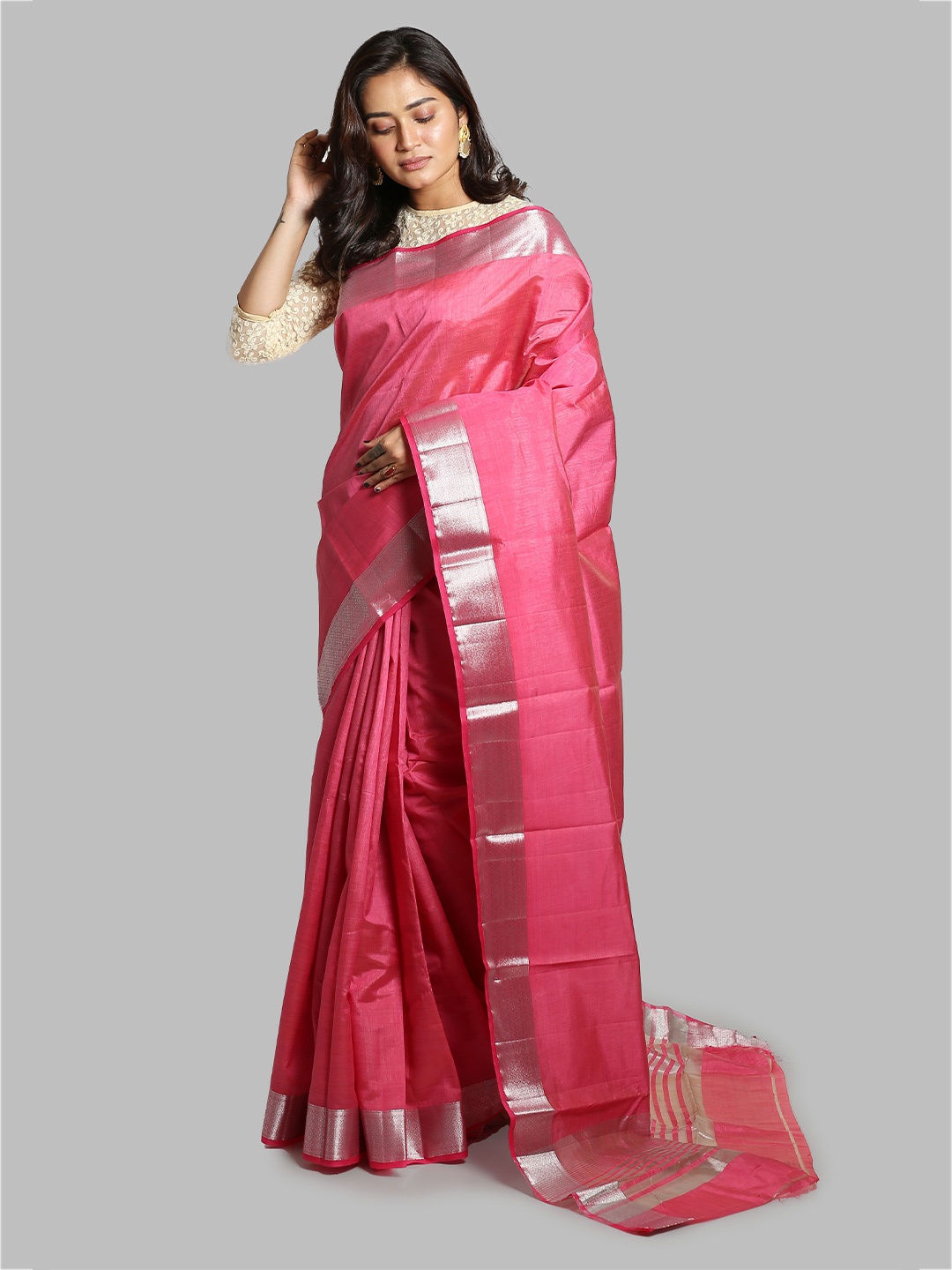 

Urbane Essence Solid Zari Pure Silk Saree, Pink