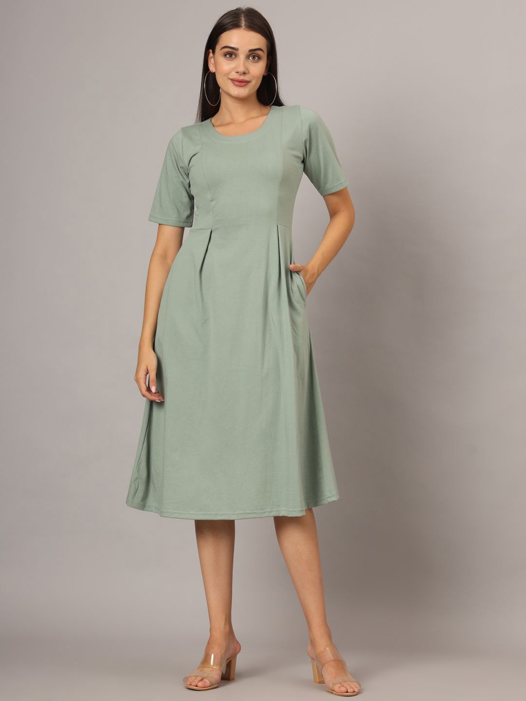 

BRINNS Solid Cotton A-Line Dress, Green