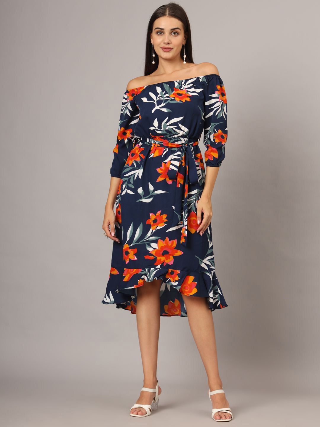 

BRINNS Floral Print Off-Shoulder Fit & Flare Midi Dress, Multi