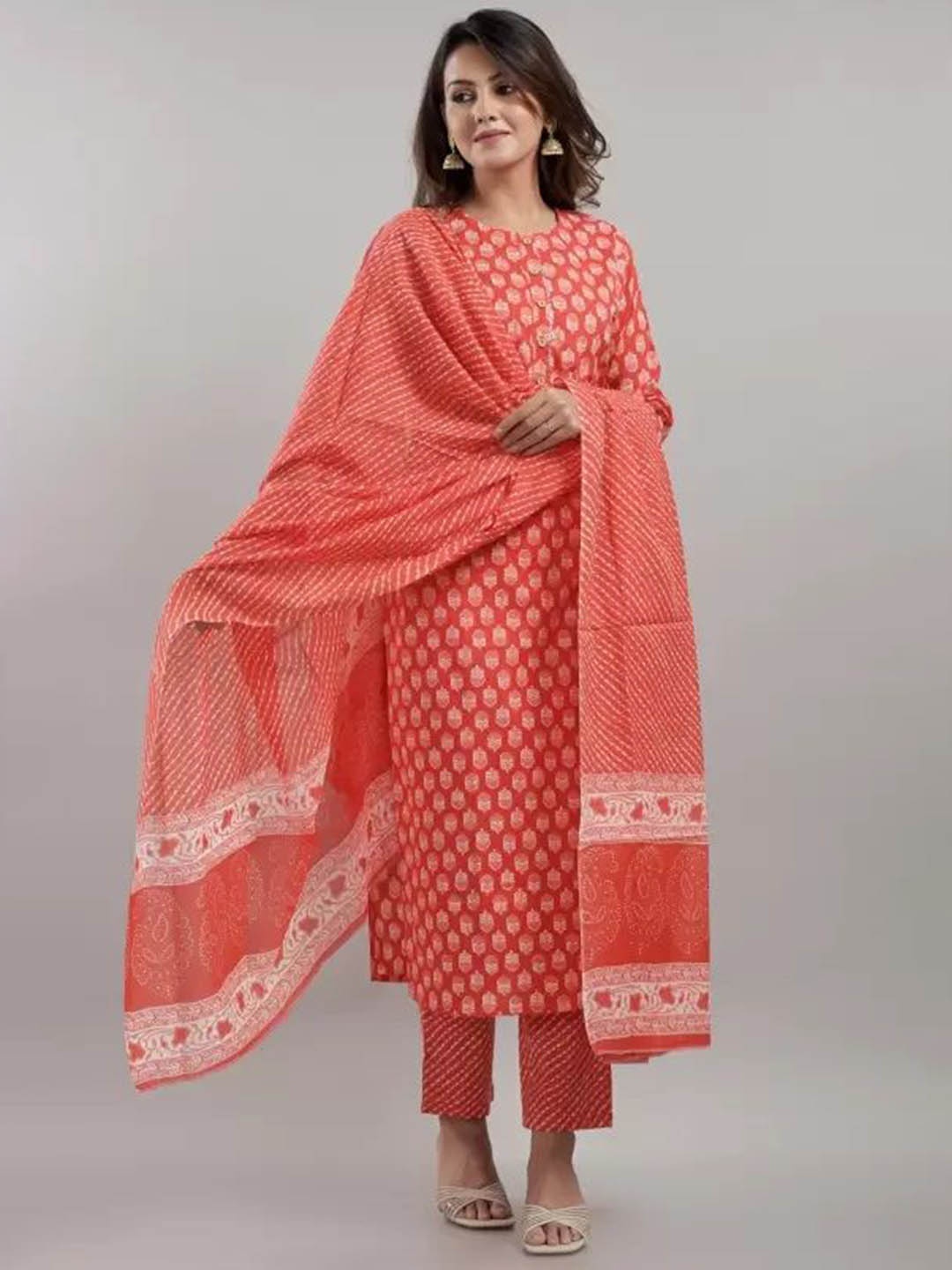 

POSHART FASHION AS UNIQUE AS YOU ARE Printed Pure Cotton Kurta With Trousers & Dupatta, Red