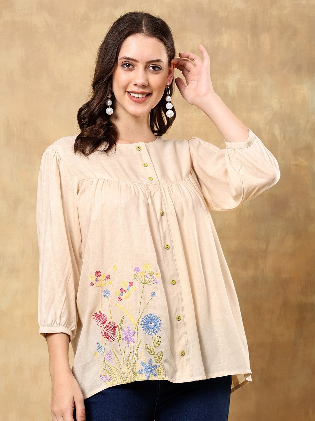 

ANGITA Round Neck Floral Embroidered Top, Beige