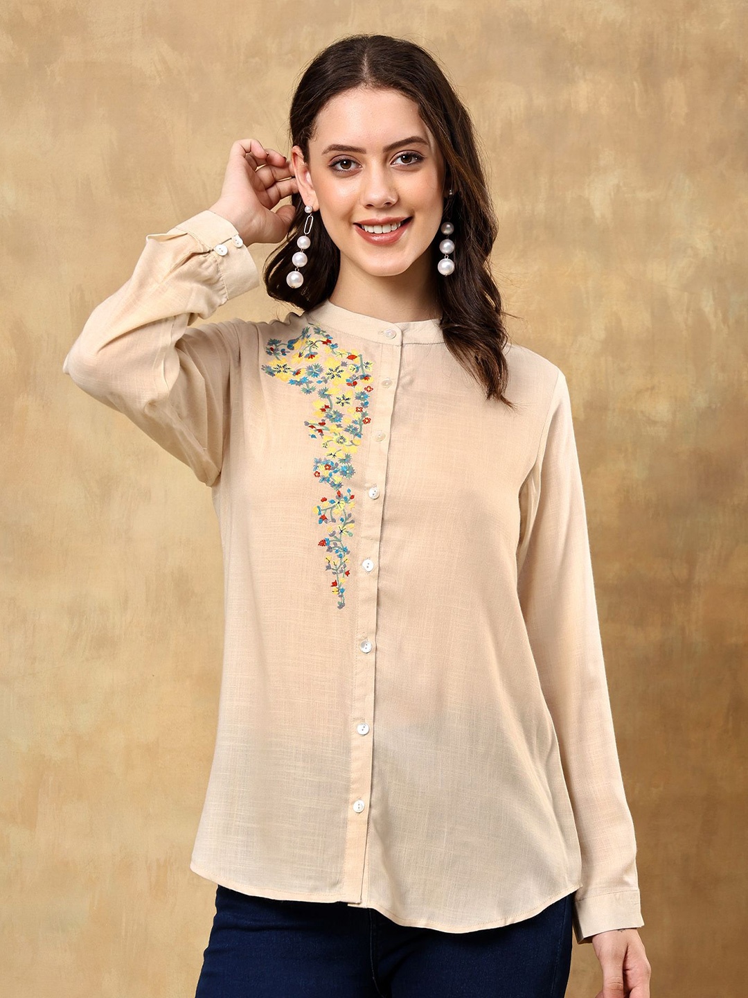 

ANGITA Mandarin Collar Embroidered Shirt Style Top, Beige