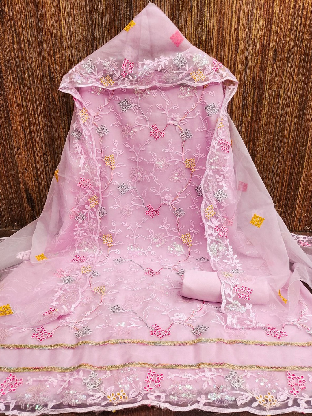 

LeeliPeeri Designer Floral Embroidered Organza Unstitched Dress Material, Pink
