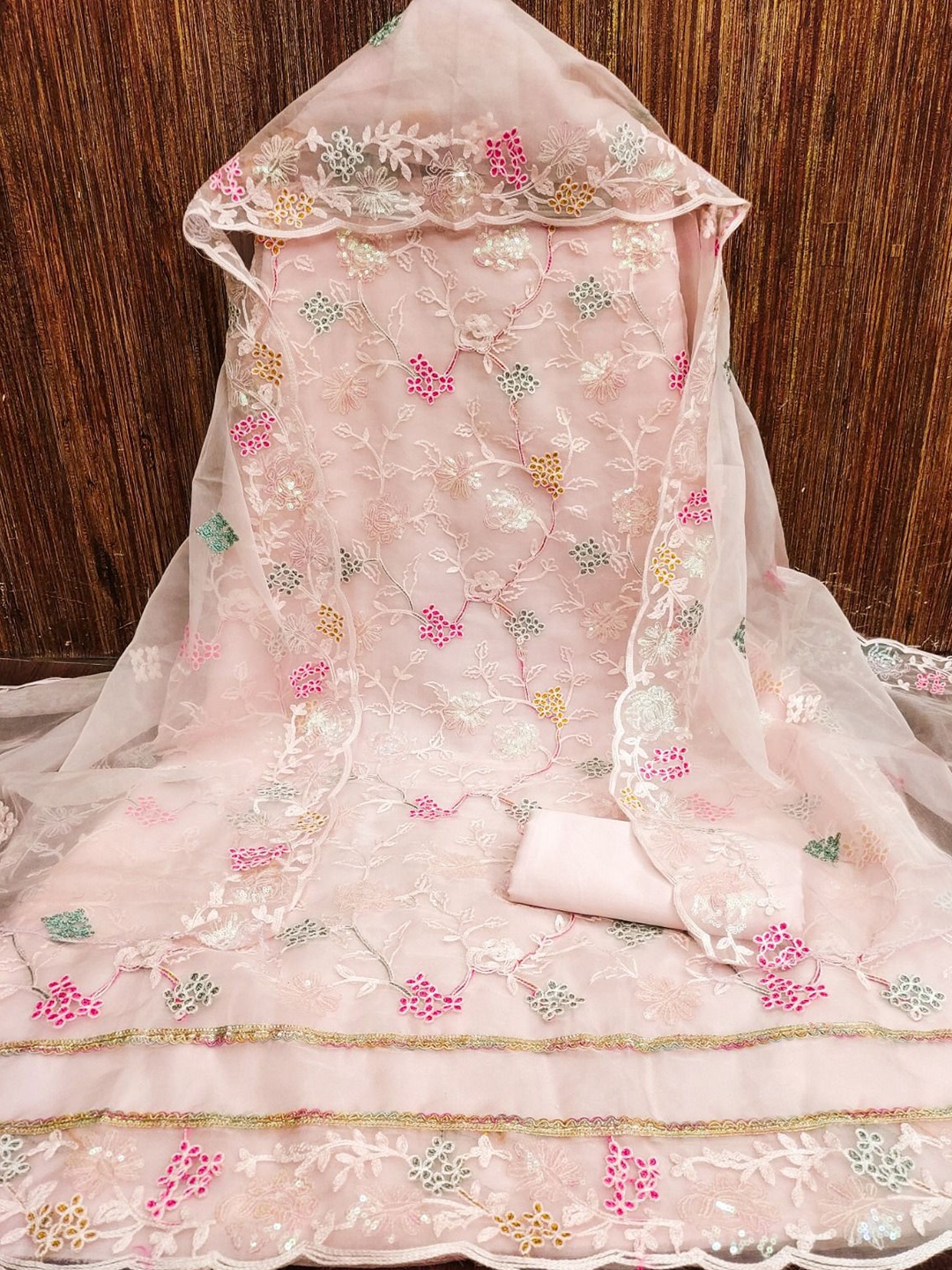 

LeeliPeeri Designer Floral Embroidered Organza Unstitched Dress Material, Peach