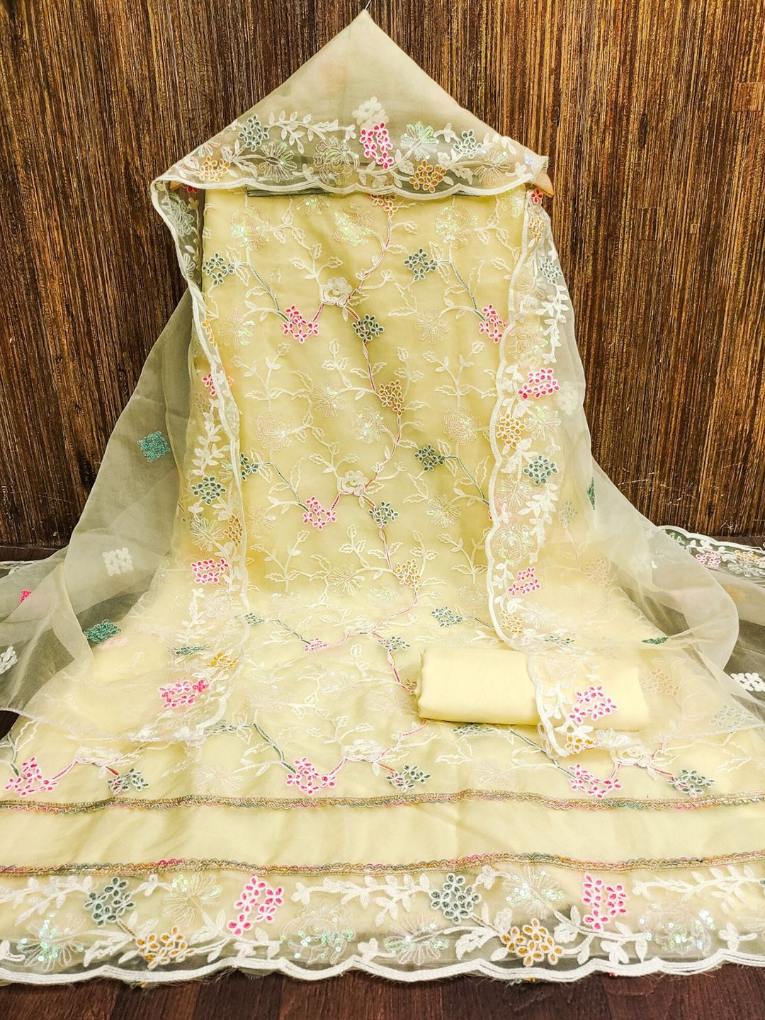 

LeeliPeeri Designer Floral Embroidered Organza Unstitched Dress Material, Yellow