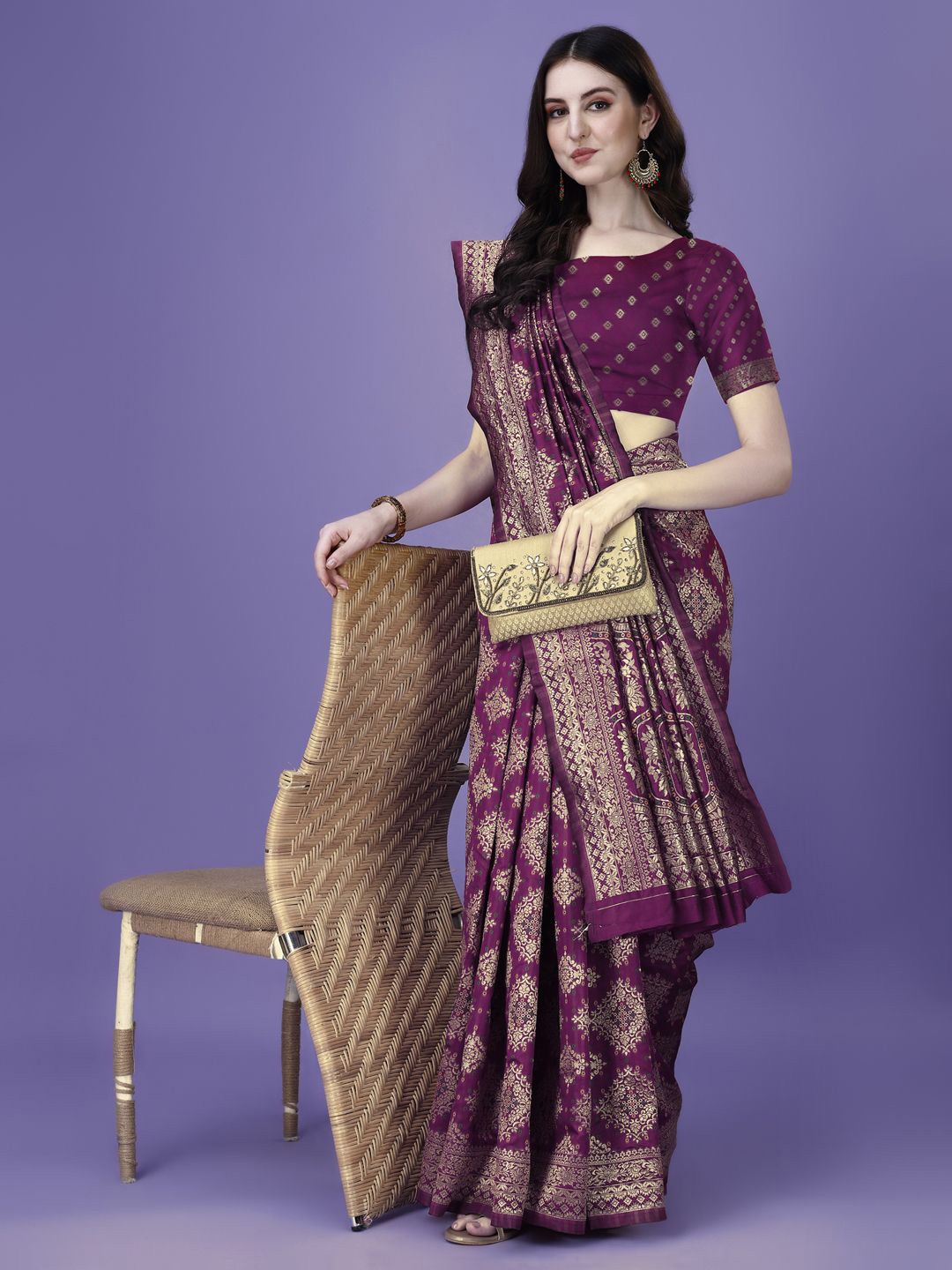 

KAZIA Ethnic Motifs Zari Banarasi Saree, Purple