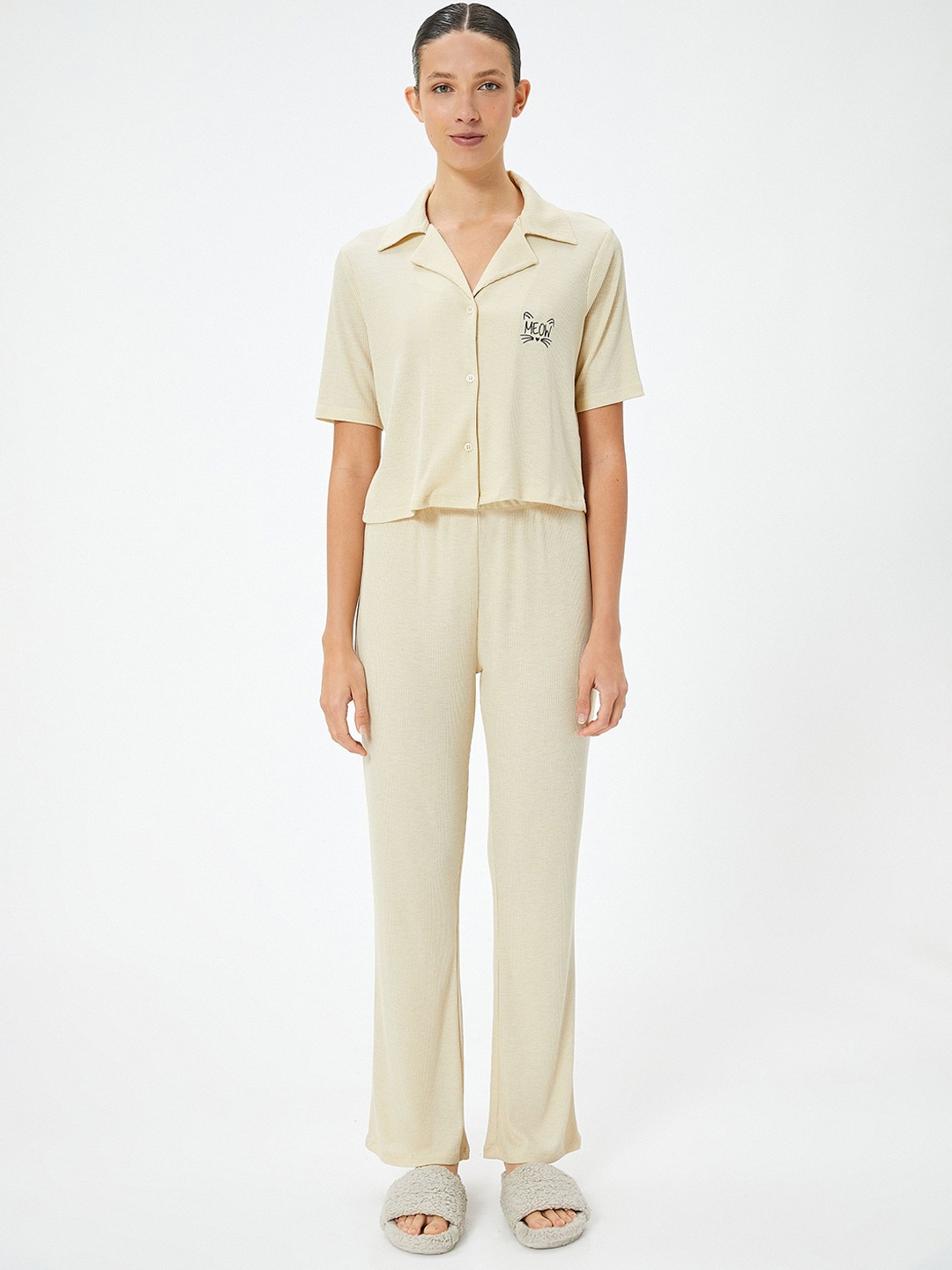 

Koton Shirt Collar Printed Night suit, Beige