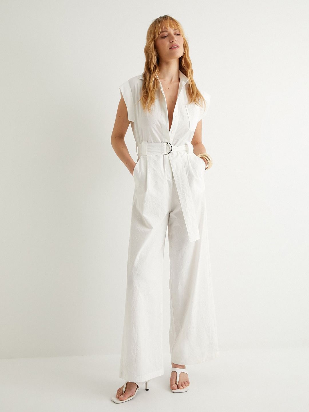 

Koton Shirt Collar Belted Basic Jumpsuit, Off white