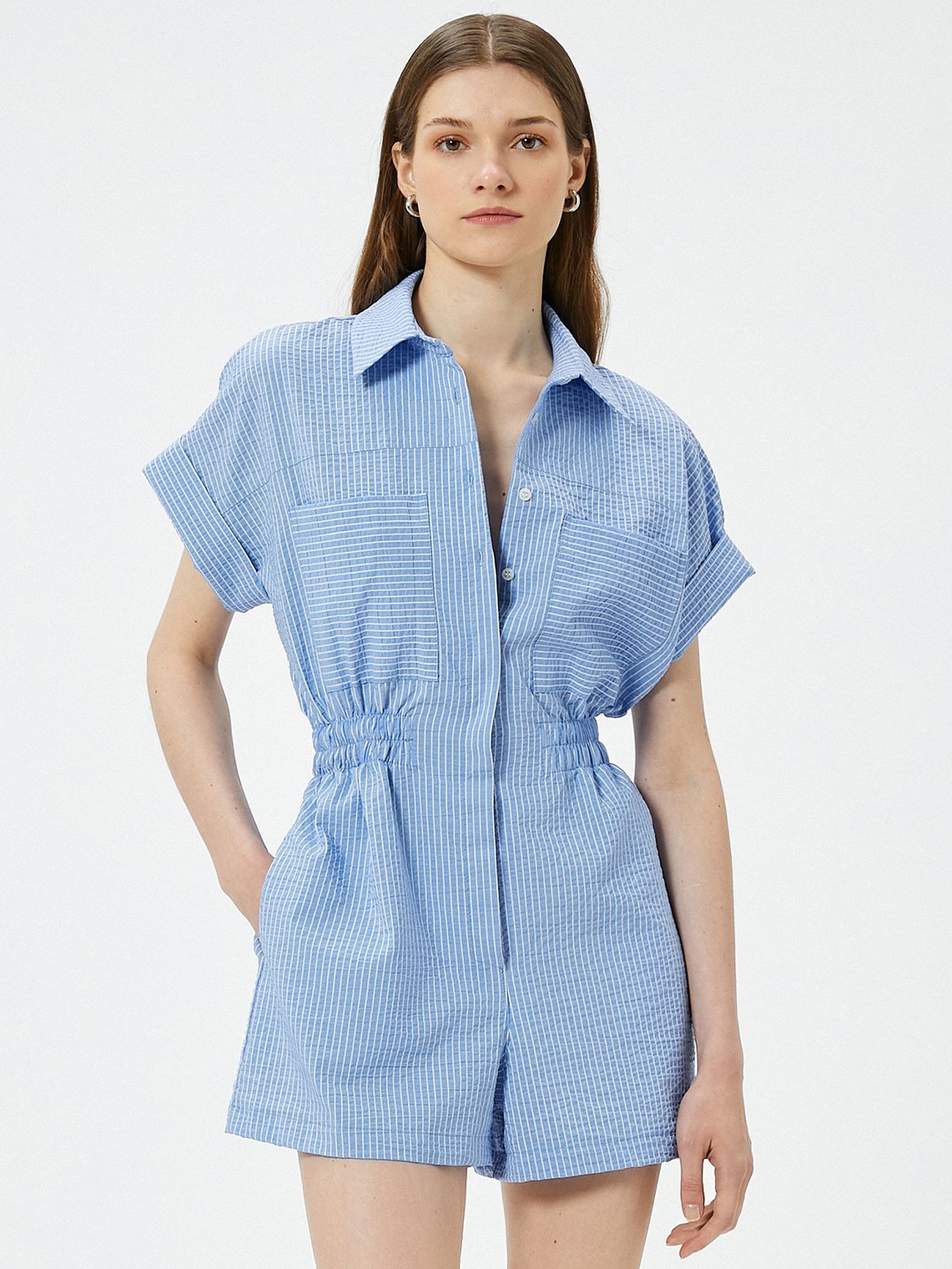 

Koton Shirt Collar Extended Sleeves Striped Playsuit, Blue