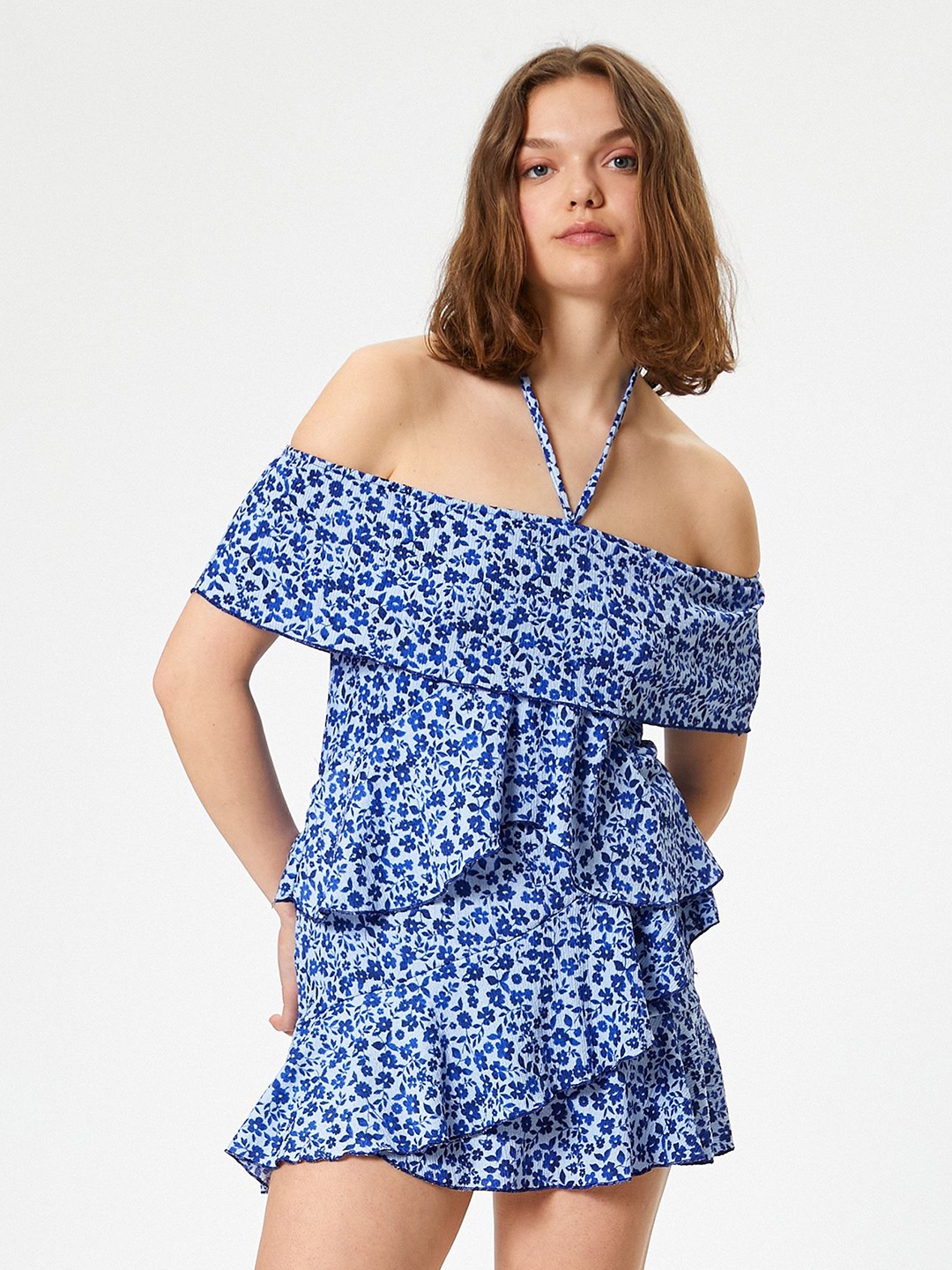 

Koton Strapless Floral Printed Playsuit, Blue